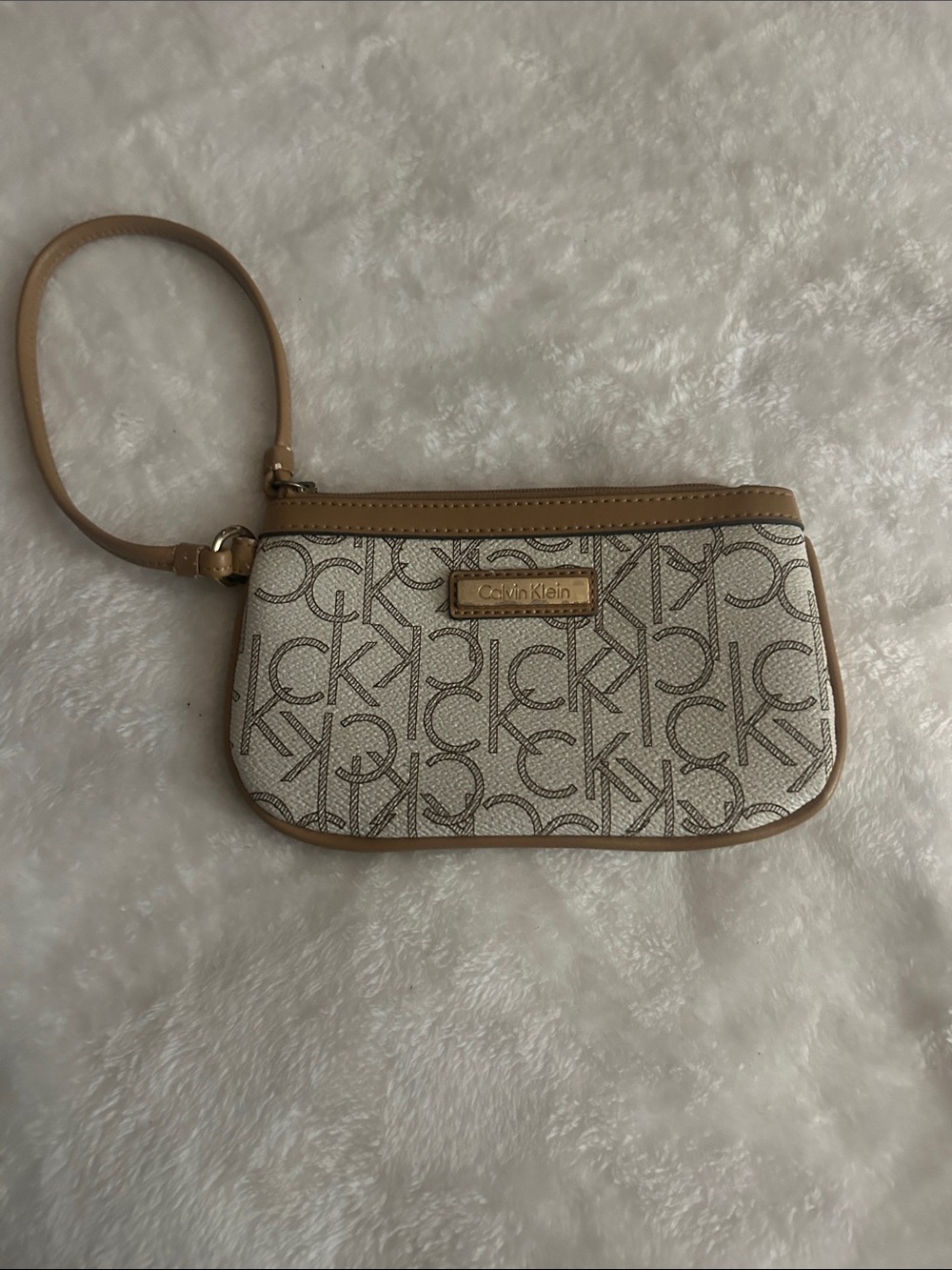 Calvin Klein Beige Monogram Canvas Wristlet with Tan Trim